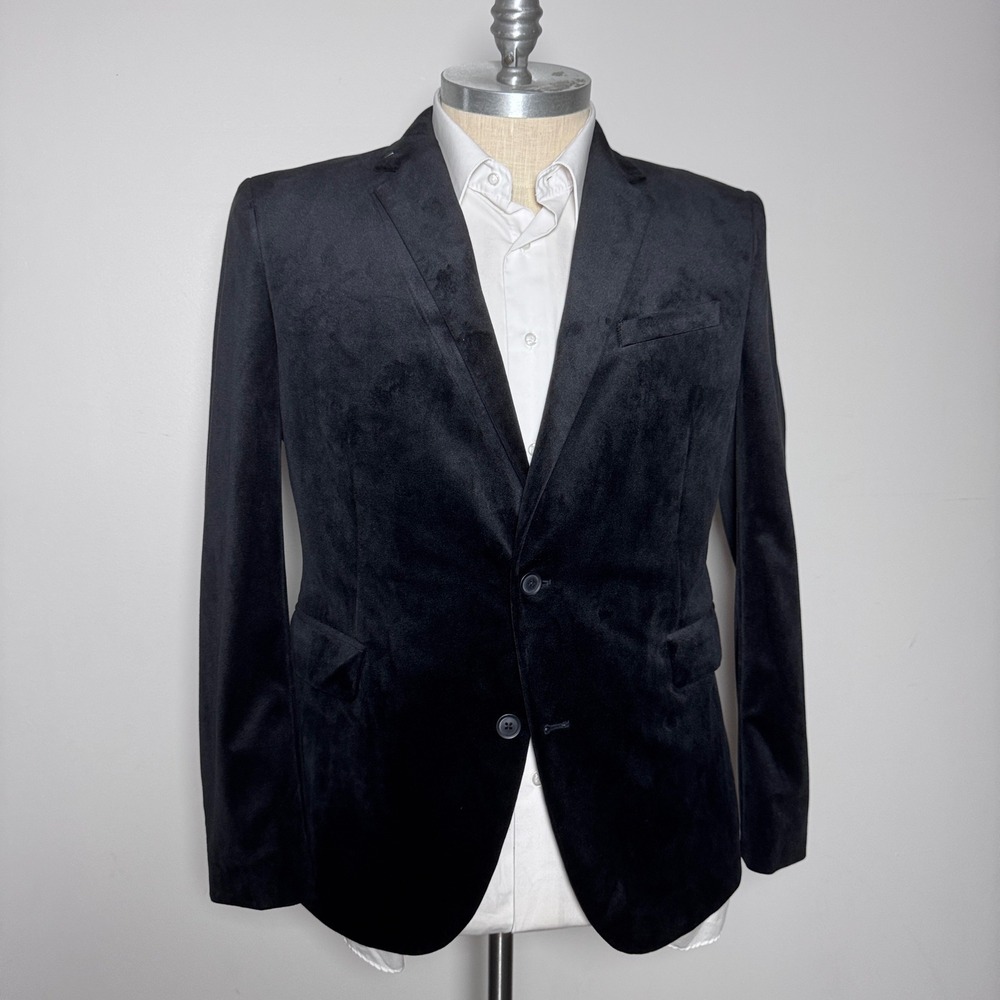 J. Ferrar Blazer Mens‎ 46R Black Solid Velvet Slim Fit 2-Button Notch Lapel